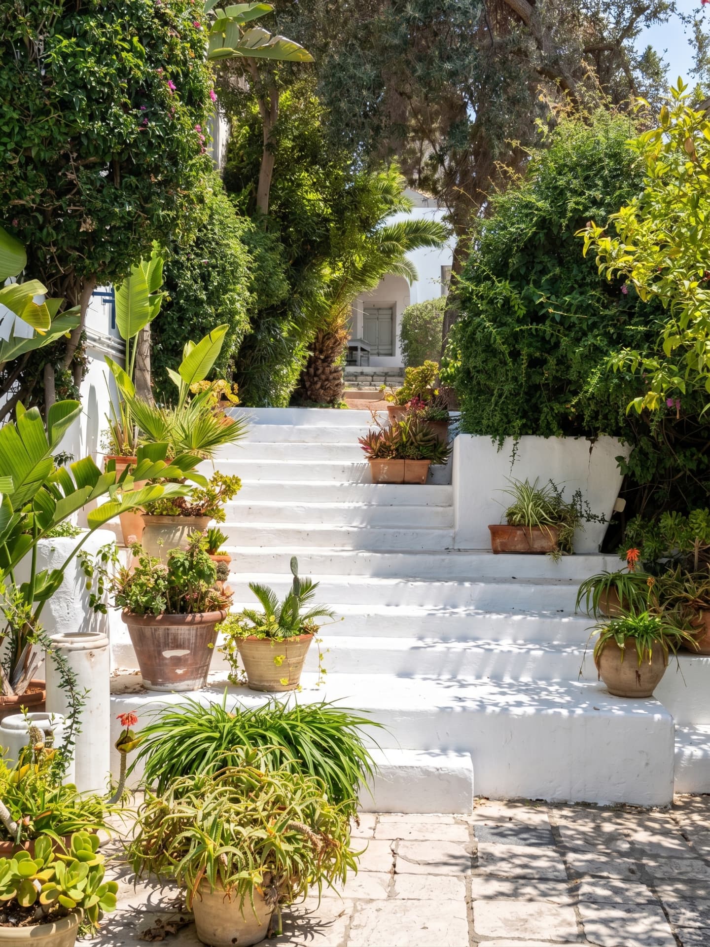 Escaliers blancs bordés de végétation dans le jardin de Dar Turki